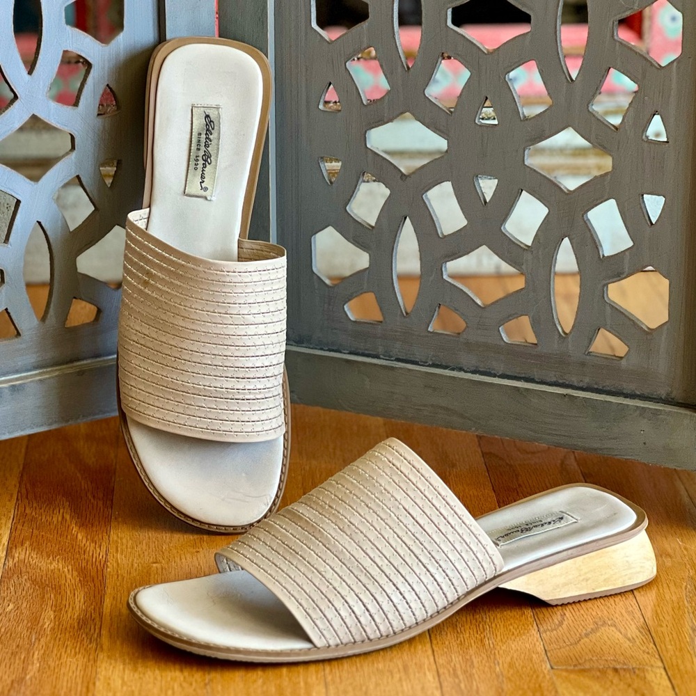 Eddie Bauer Tan Leather Slide Sandal with Wooden Heel Women’s Size 12
